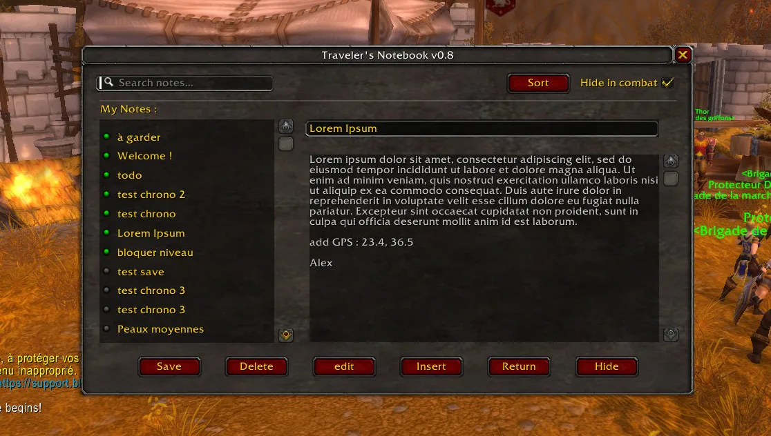 Capture d'écran de l'addon pour wow Traveler's Notebook