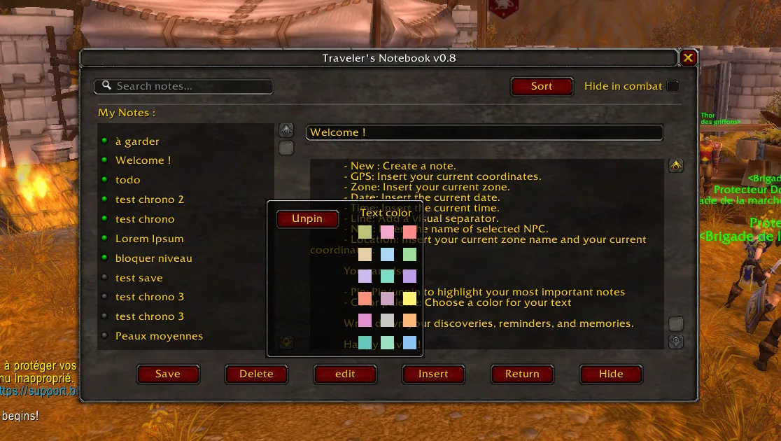 Capture d'écran de l'addon pour wow Traveler's Notebook