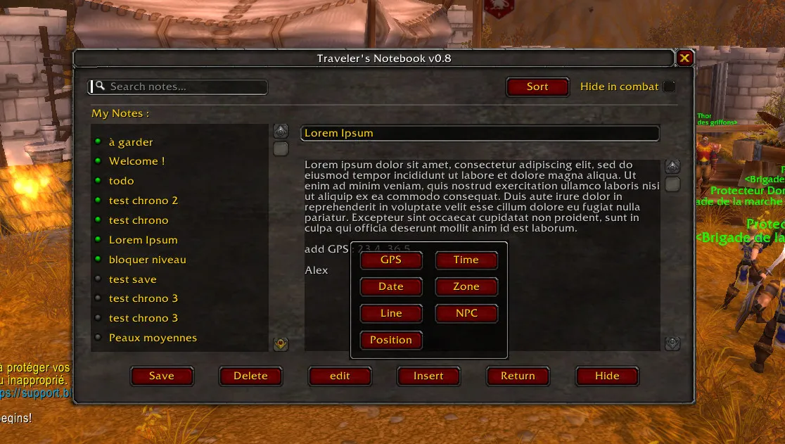 Capture d'écran de l'addon pour wow Traveler's Notebook